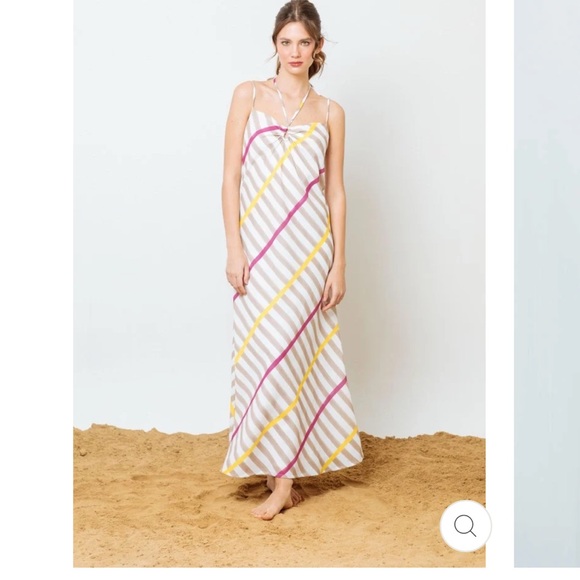 Elegant Striped Maxi Dress in Pink Yellow and White